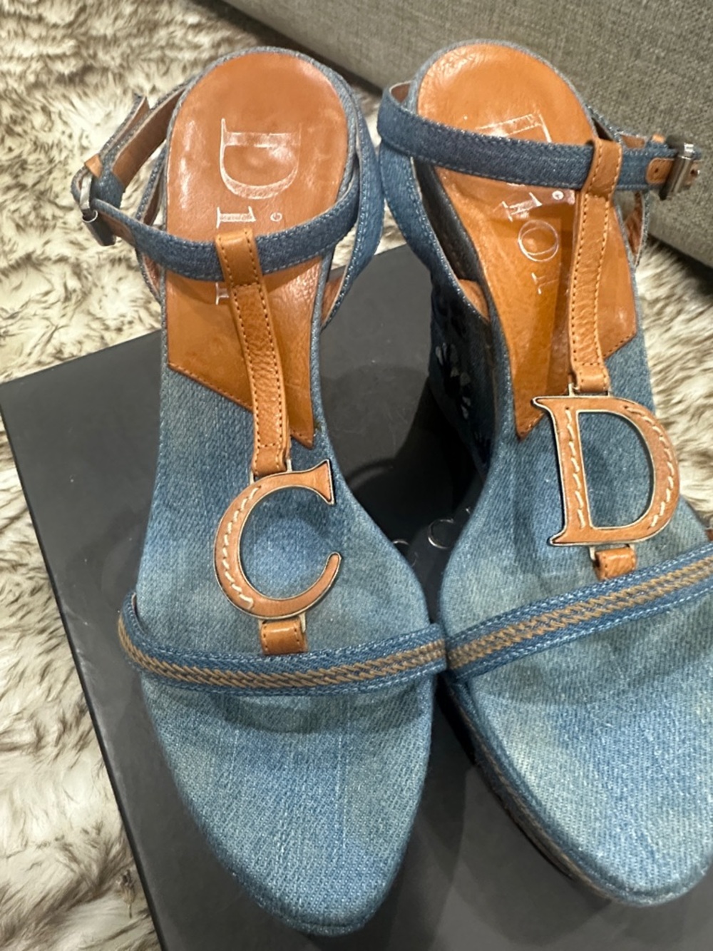 Dior Denim and Tan Leather Wedge Sandals with Gold CD Accents
